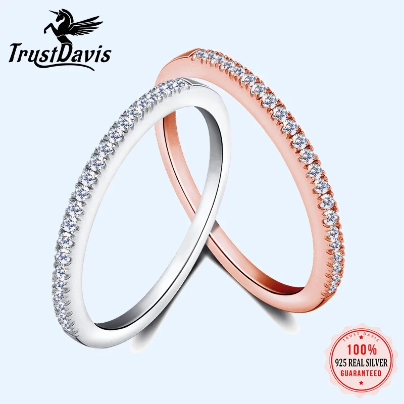 TrustDavis Genuine 100% 925 Sterling Silver Simple Dazzling CZ Finger Ring Size 5 6 7 8 9 For Women Gilr Silver 925 Jewelry DT33