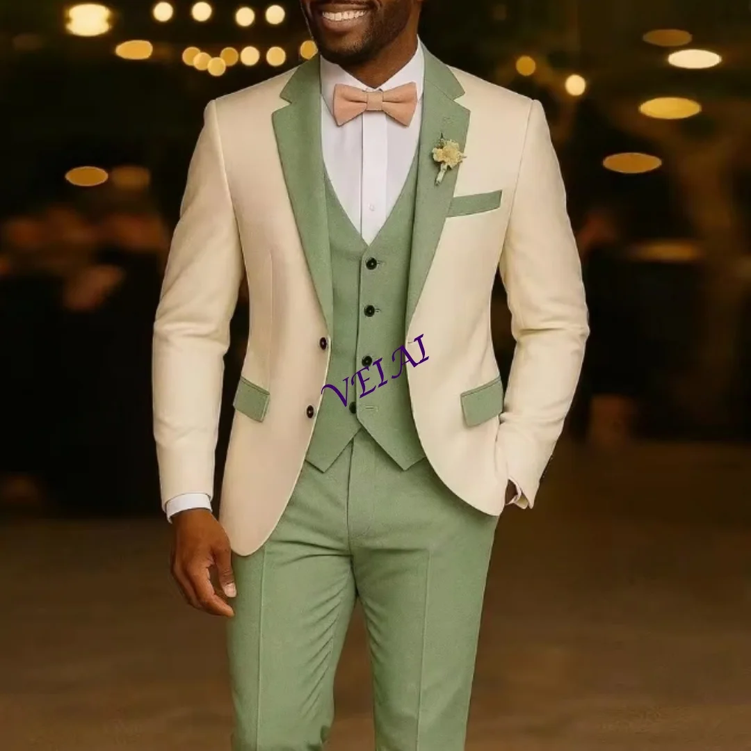 

CustomizedWhite And Mint Green Men Suit Formal Occasion Groom Groomsman Wedding Party Prom Male Tuxedos 3 Piece Set Blazer Vest