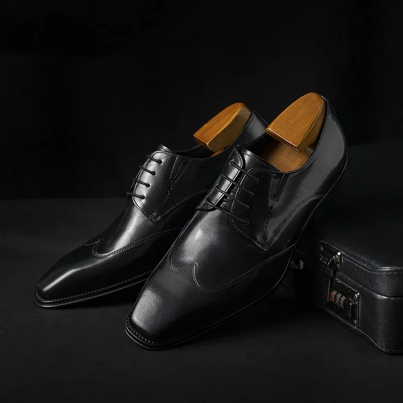 Derby Leather Shoes for Men, Handmade Brushed High-End Business Formal Wear, Carved Blok Lace Up Professional Men's Shoes