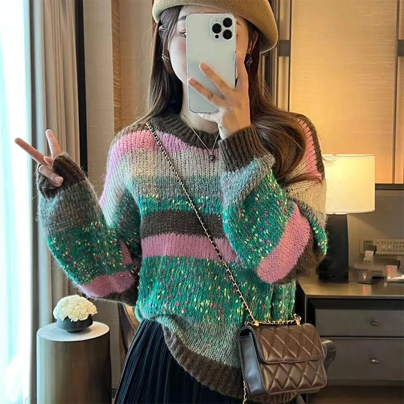 

Осень-зима модный ретро полосатый свободный повседневный вязаный свитер с круглым вырезом и длинными рукавами для женщин