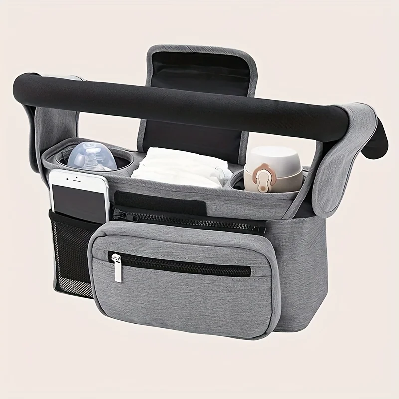 

Large Stroller Organizer Bag Multi Compartment Travel Storage with Mesh Pocket Phone Holder Cup Slots Durable Oxford Cloth
