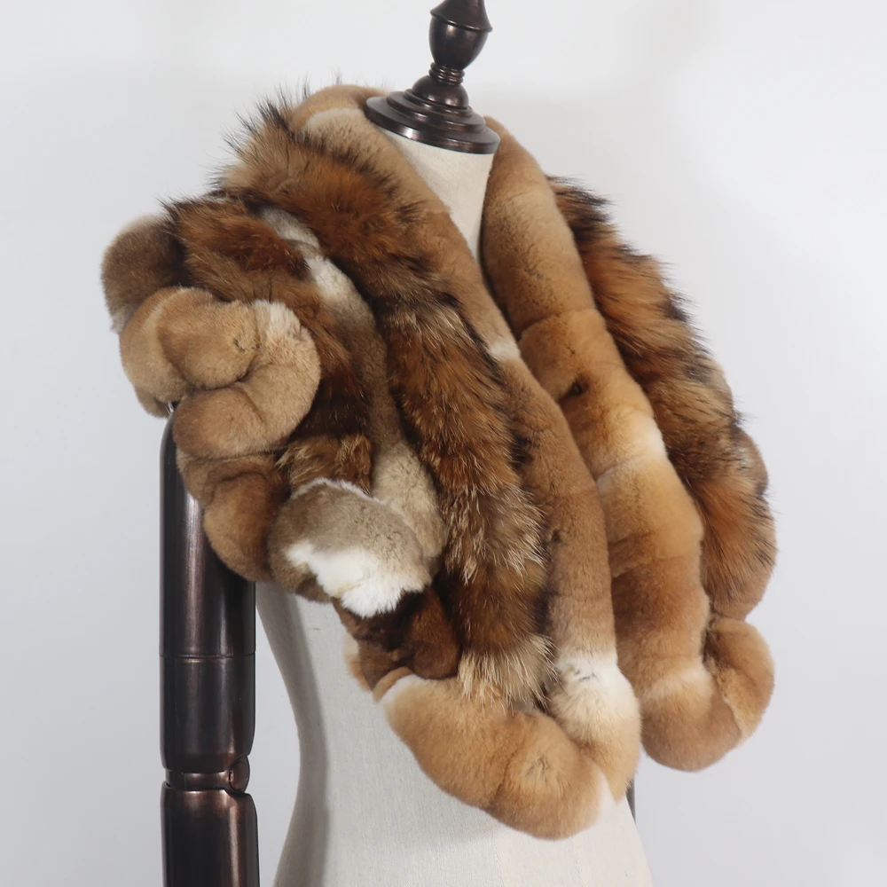 Neue warme, weiche Silberfuchs-Fellschals für Damen, Winter-Echt-Rex-Kaninchenfell-Schal, modischer Damen-Poncho aus 100% echtem Rex-Kaninchenfell. – Detail 5