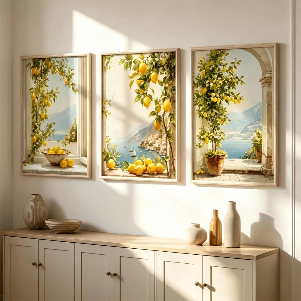 3PCS  Frameless,3pcs Frameless,Lemon Tree Seaside Landscape Painting Wall Art Decor,Summer Fresh Landscape Plant Potted Canvas P