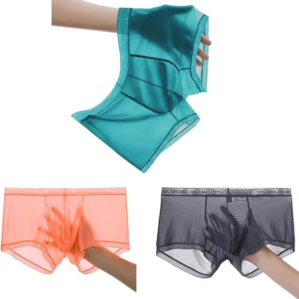 

Jinshi Breathable Ice Silk Men's Boxer Briefs See-Through Underwear Trunk Transparent Stretch