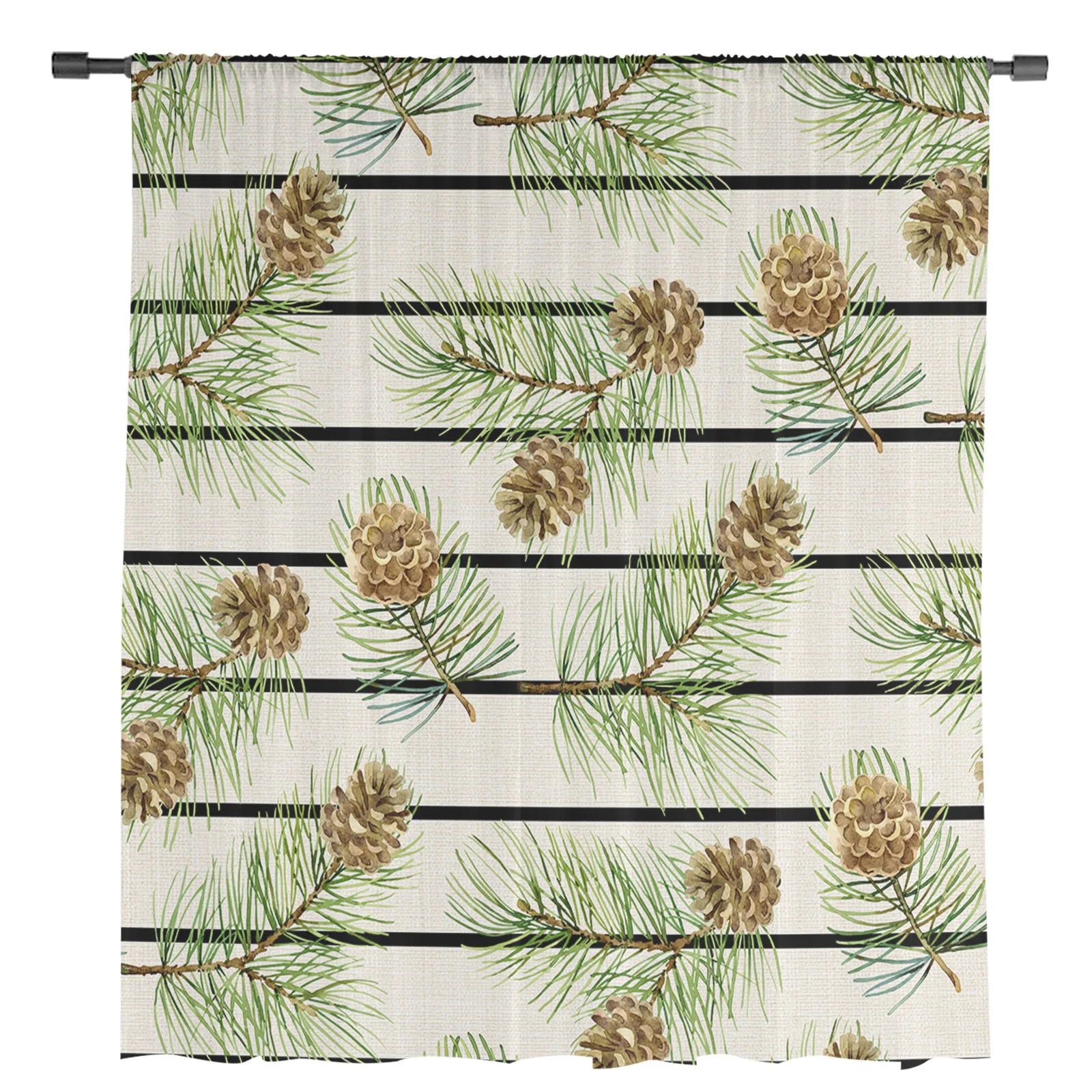 Christmas Stripes Pine Needles Pine Cones Window Tulle Curtains for Living Room Kitchen Christmas Home Decor Sheer Curtains