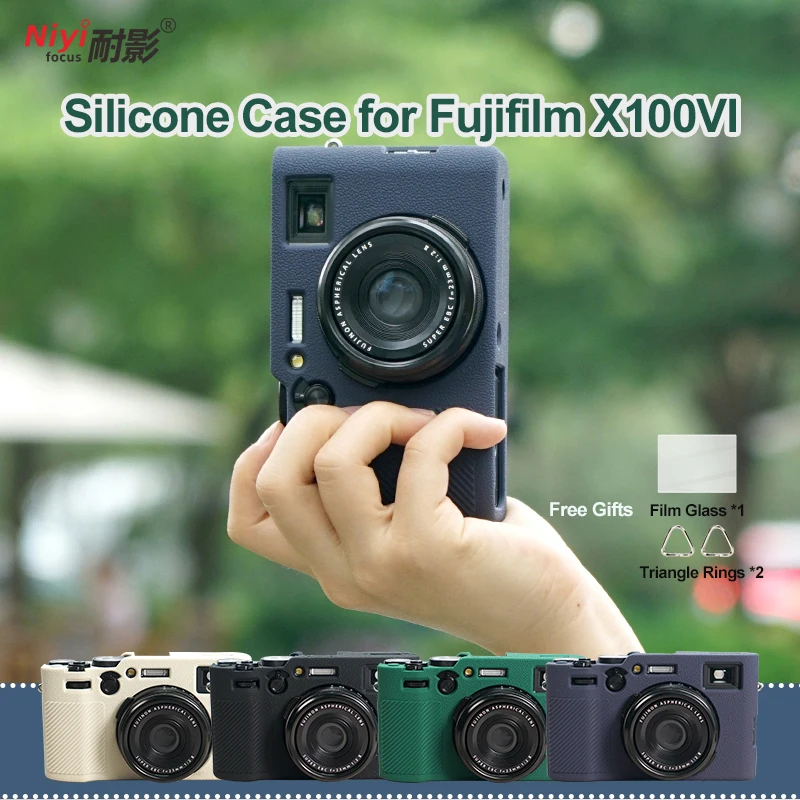 Miękkie silikonowe etui na aparat Fujifilm X100VI Osłona aparatu Pełne etui na korpus Dół otwarty z paskiem Folia szklana Fuji X100V