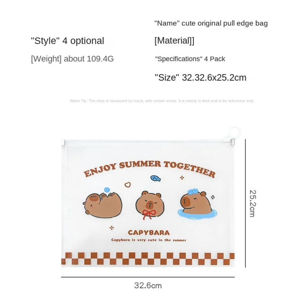 4Pcs New PP Capybara File Bag Cute Cartoon Transparent Zip File Bag Portable Lightweight Test Paper Storage Pouch Student