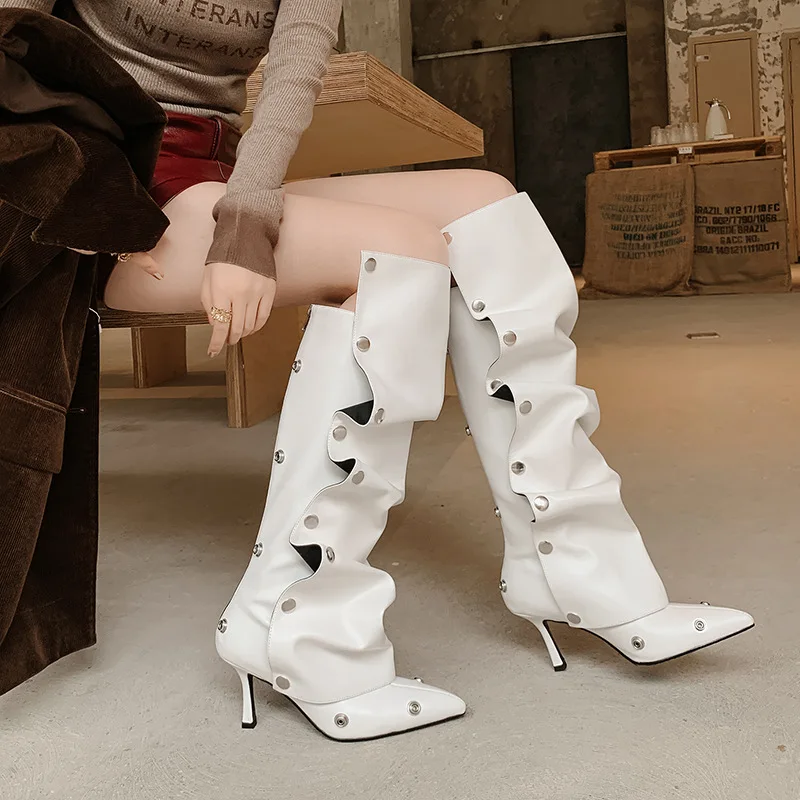 

Pointed Toe Metal Rivet Stitching High-Heeled Women Boots Casual Two-Wear Pleated Knee Botines Leather Stiletto Calf Botas