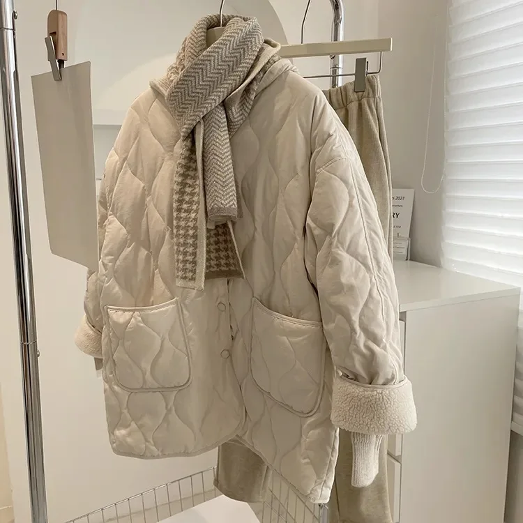 

Lamb's Wool Parkas Women Splicing Down Cotton Jacket Female Winter Korean Loose Argyle Light Warm Cotton Coat Cotton Jacket