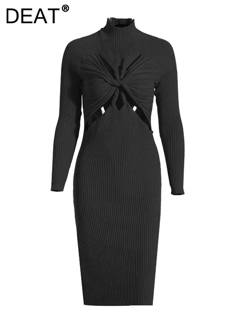 DEAT Fashion Women Knit Dress Half High Collar Long Sleeve Cross Knot Hollow Out Slim Mid-calf Dresses Autumn 2024 New 1DF2577