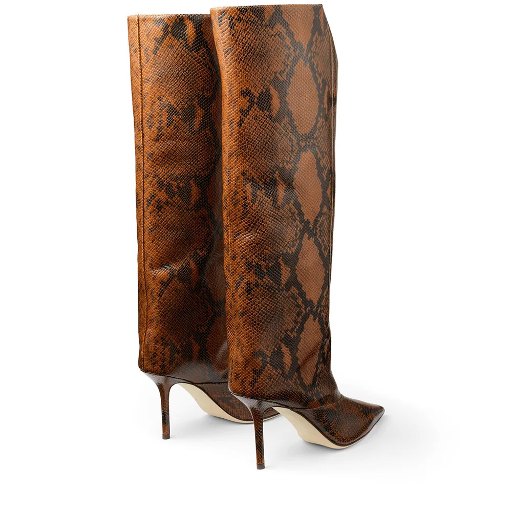 البني بيثون نمط الأحذية أشار تو الركبة عالية بوتاس مثير خنجر النساء أحذية الخريف الشتاء مختلط اللون الانزلاق على 2025 الجوارب #3