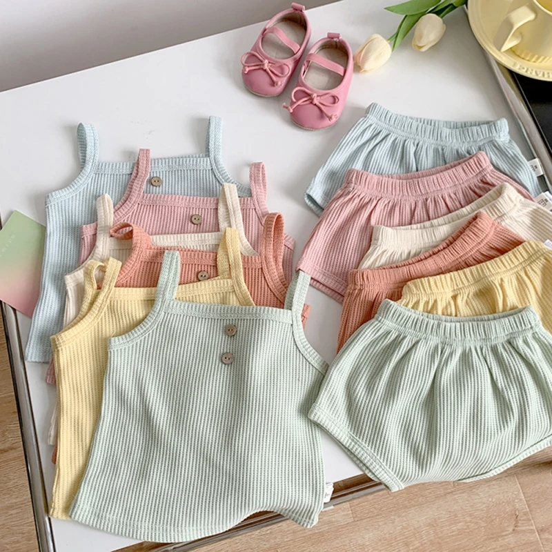 Baby Clothes Sets Summer Toddler Girl Strap Suits Solid Color Baby Boy Tops Tee and Shorts Infant Tracksuit Sets 4-11Y