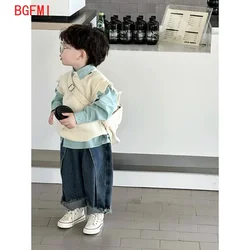 2-10Y Children's Set Spring Autumn Tattered Vest+ Blue Shirt+ Jeans Three Piece Set Baby Birthday Set Kids Clothes Boys Outfits