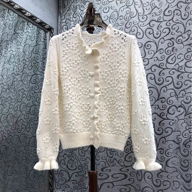 

2025 Spring Fashion Cardigan Coats High Quality Clothes Ladies Allover Crochet Knitted Long Sleeve Casual Soft Sweater Cardigan