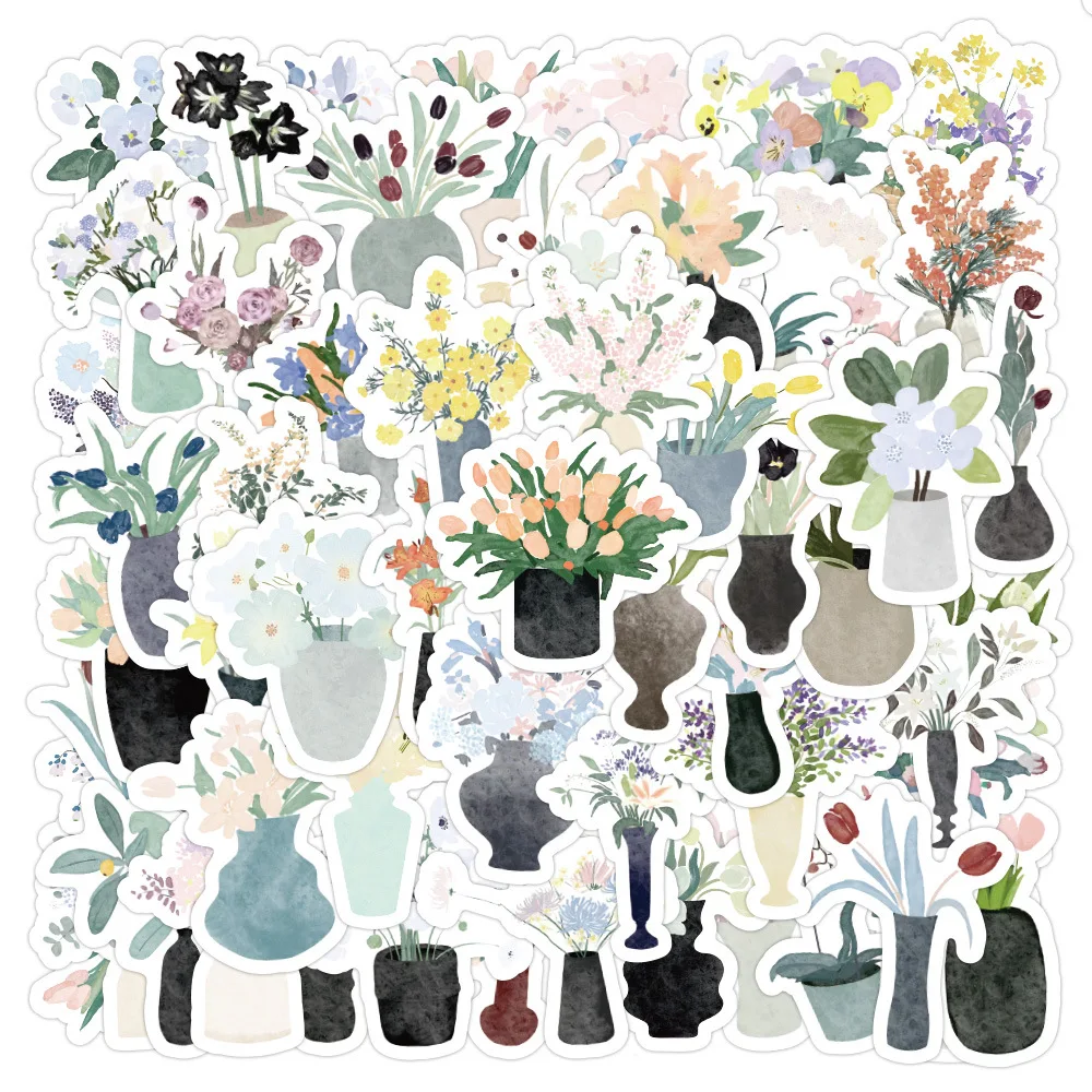 60Pcs Beautiful Spring Flower Vase Stickers Ornament Phone Notebook Stationery Graffiti DIY Funny Cartoon Decorative Stickers