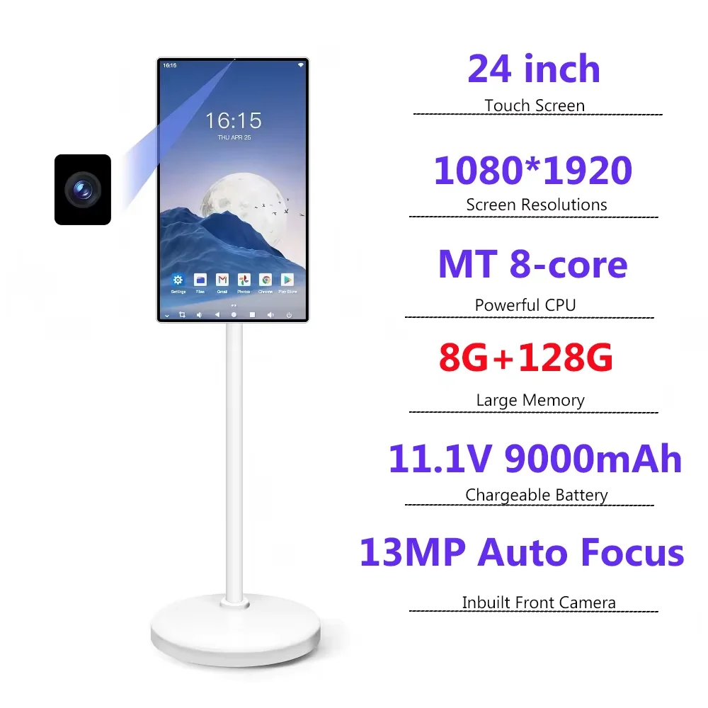 24 Inch 8G+128G Android 13 Touch Screen TV With Wheeled Stand 13MP Camera Live Streaming Terminal HDMI In StandbyMe TV