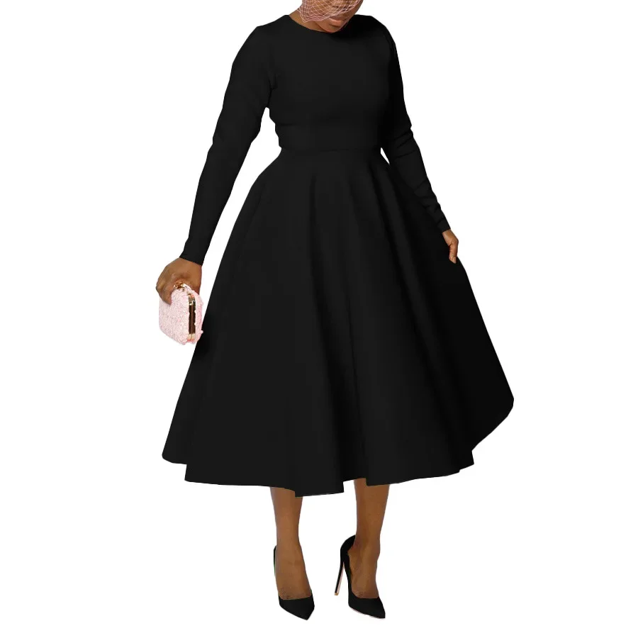 Women's Round Neck Long Sleeve High Waist Flared Midi Dress Multi-color Elegant Slimming Comfort Casual All-match Commute Dress