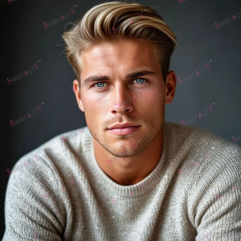 Wig Rambut Manusia Pria Super Tahan Lama Warna Ombre Pirang Madu 30mm Bergelombang, Basis Kulit Mikro Tipis, Toupee Pria dengan Garis Rambut Alami, Sistem Rambut