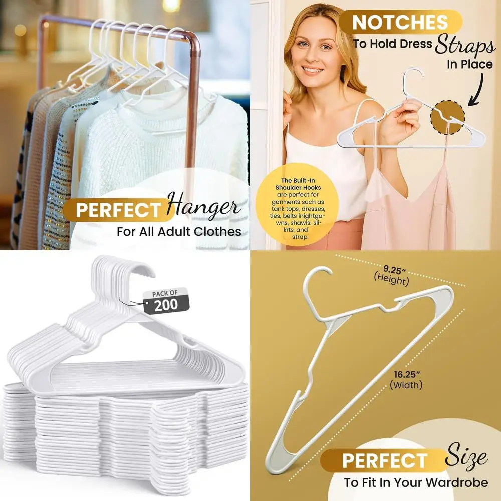 

White Premium Pack of 200 Plastic Hangers for Various Garments with Shoulder Notches and Strong Hook