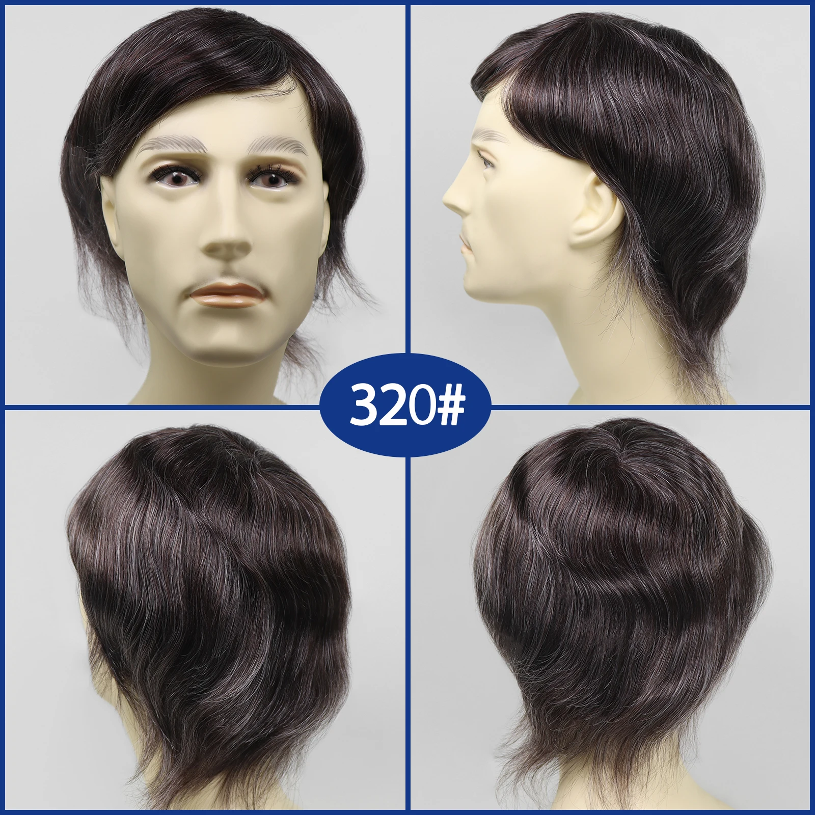 Brązowy # 320 Szaro-biały tupecik męski z ludzkich włosów Mono Pu Base Choice Toupee dla mężczyzn 6" Krótkie proste ludzkie włosy Peruki męskie Kawałek włosów