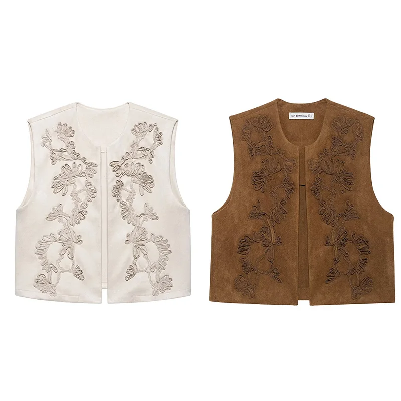 

Women Flower 3D Embroidery Vest Brown Round Neck Loose Waistcoat Lady 2025 Summer Fashion Casual Cardigans Outwear Tops