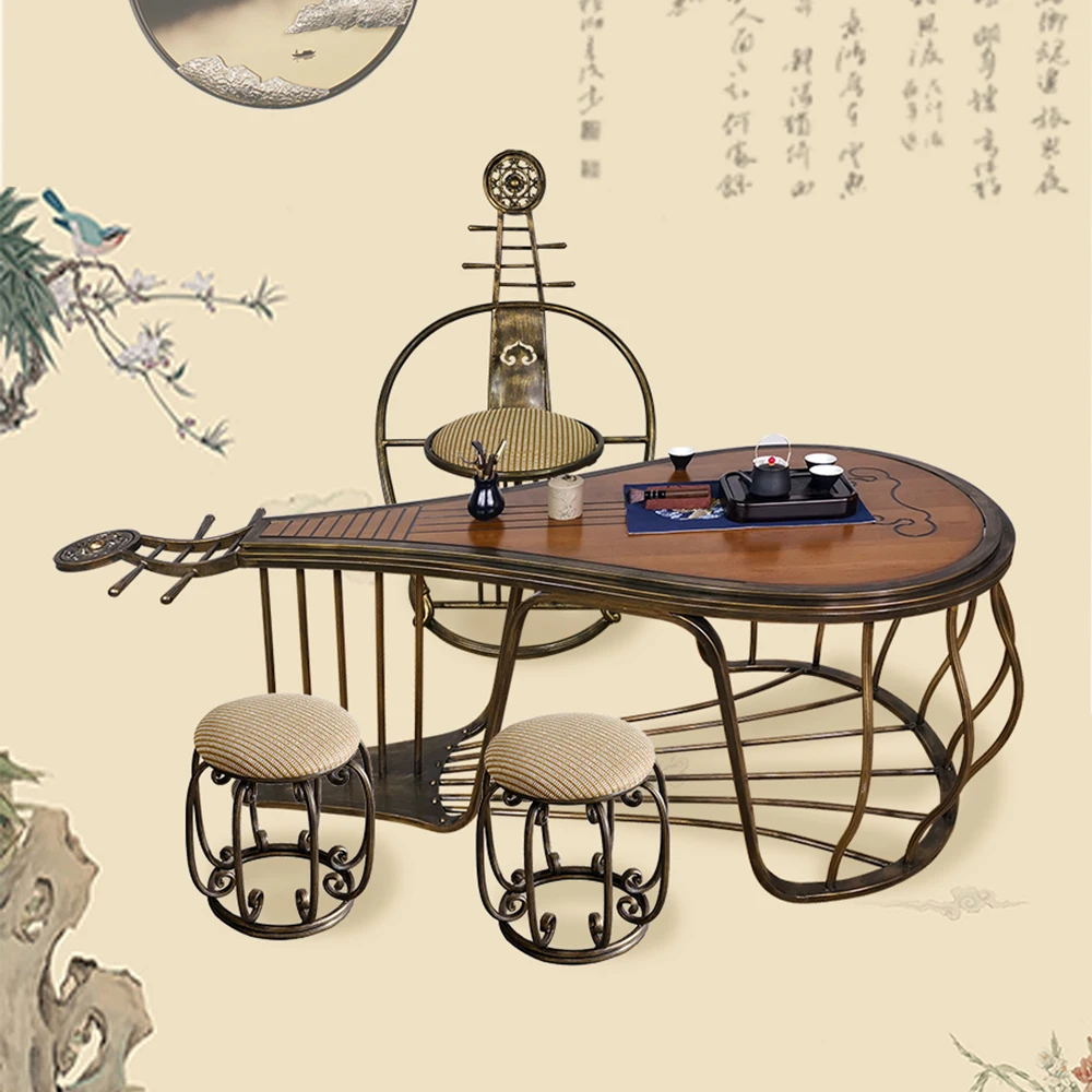 New Chinese Zen Tea Table Tea Table Wrought Iron Solid Wood Kung Fu Tea Table Balcony Tea Ceremony Tea Table