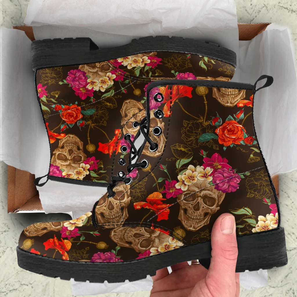 Fashion Flower Skull Design Women's Boots PU Leather Autumn Ankle Boots Lace-up Non-slip Casual Lady Short Boots Print On Demand