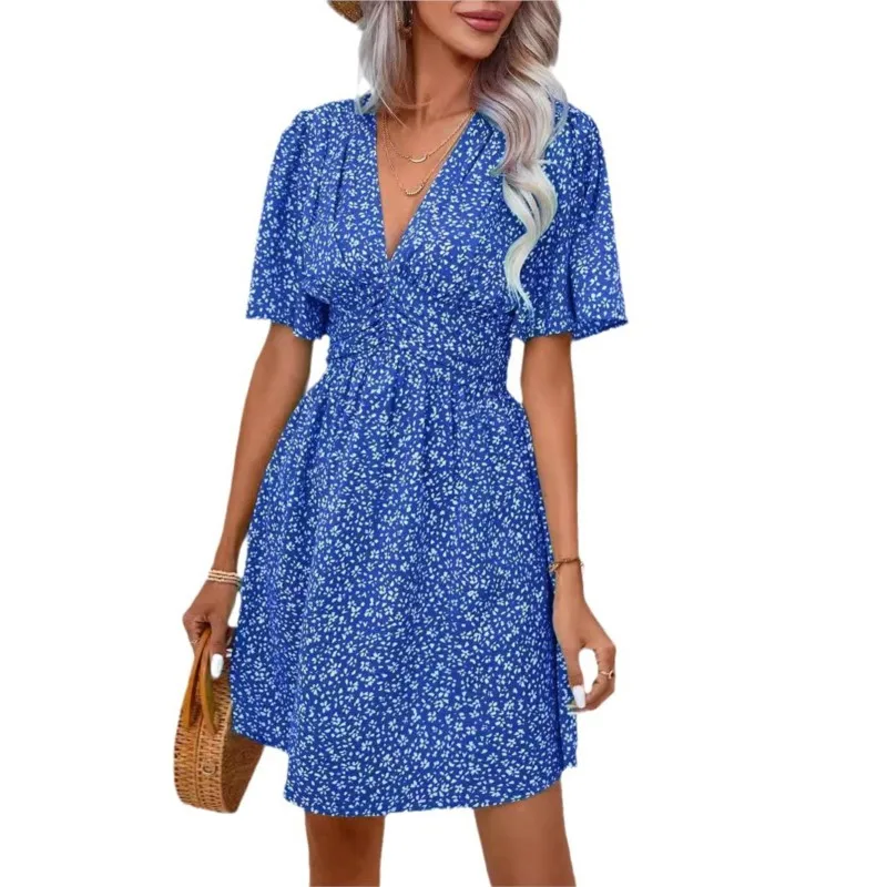 Mode V-hals Mid Sleeve Gedrukt Hoge taille Bloemen Korte mouwen Damesjurken Zomer Eenvoudige elegante vrouwelijke geplooide jurk