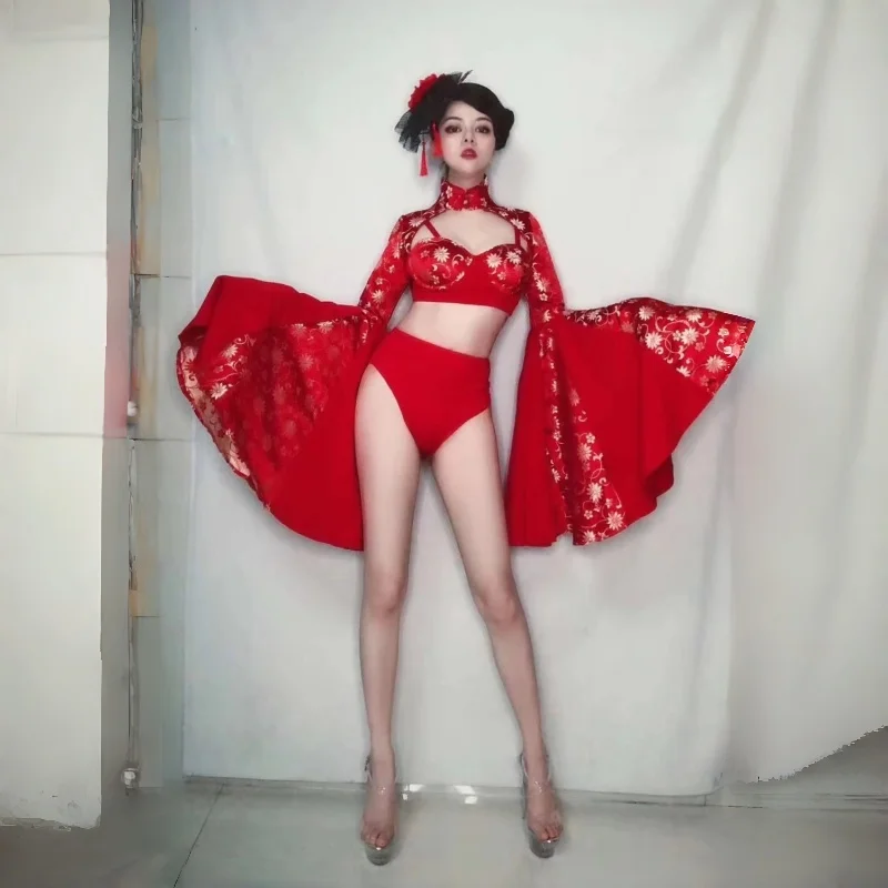 

Women Vintage Printed Bikini Pagoda Sleeve Tops Chinese Style Stage Wear Outfit Nightclub Bar Singer Dancer Performance Costume