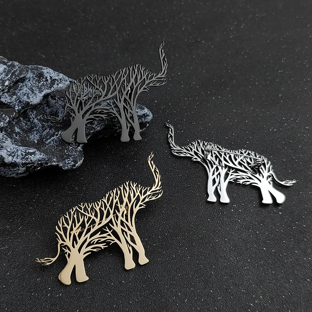 Luxury Trendy Animal Elephant Brooch Leopard Stainless Steel Brooches for Women Pins Life Tree Jewelry Accessories Gifts