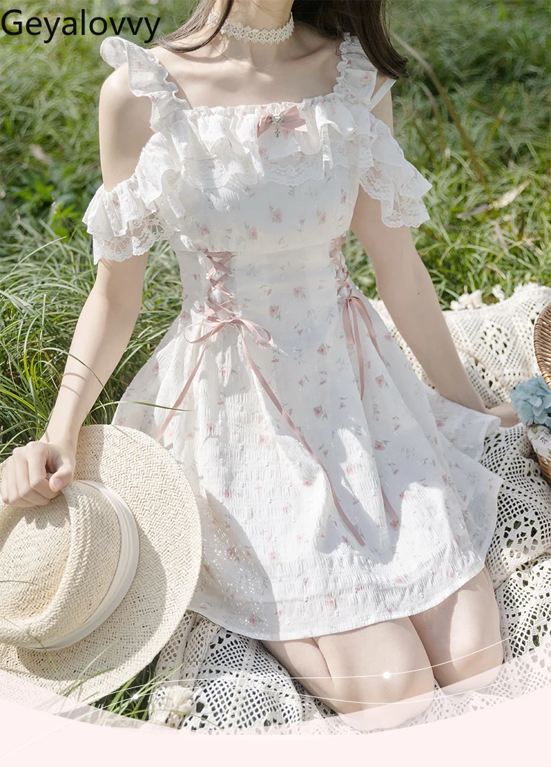 

Original Gentle Sweet Japanese Off-shoulder Floral Lace Dress Summer New High-waisted Slim-fitting Lace-up Short-sleeved Dresses