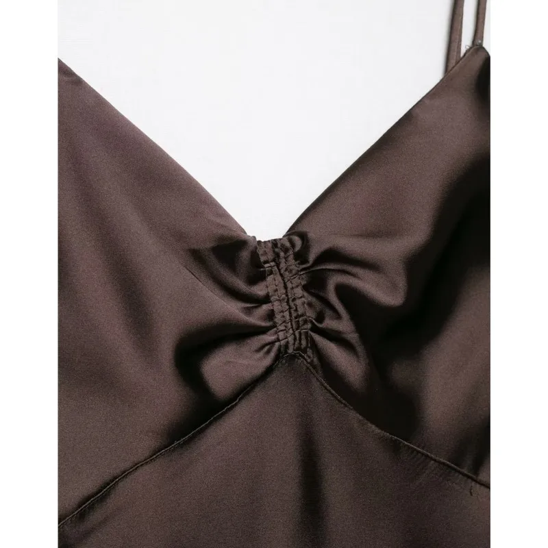 NERHEFZ Abito longuette da donna in raso raccolto Sexy senza schienale con cinturino per spaghetti con scollo a V Abito lungo da donna a pieghe Abiti chic da donna