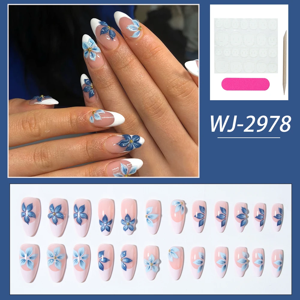24 peças de amêndoa 3d gel flor branca ponta francesa imprensa em unhas, cabe perfeitamente conjunto de unhas falsas acrílicas, contém 1 peça de cola gelatinosa e 1p