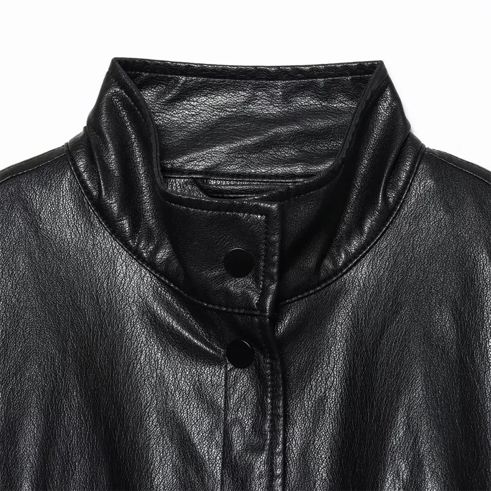 Nueva chaqueta de piloto de piel sintética de manga larga con cuello alto y versátil informal a la moda para mujer