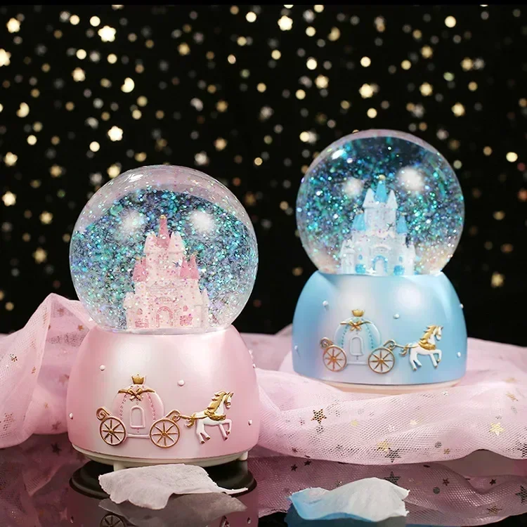 Snowflake Crystal Ball Music Box Luminous Castle Pink Blue Christmas Miniatures Decoration Crafts