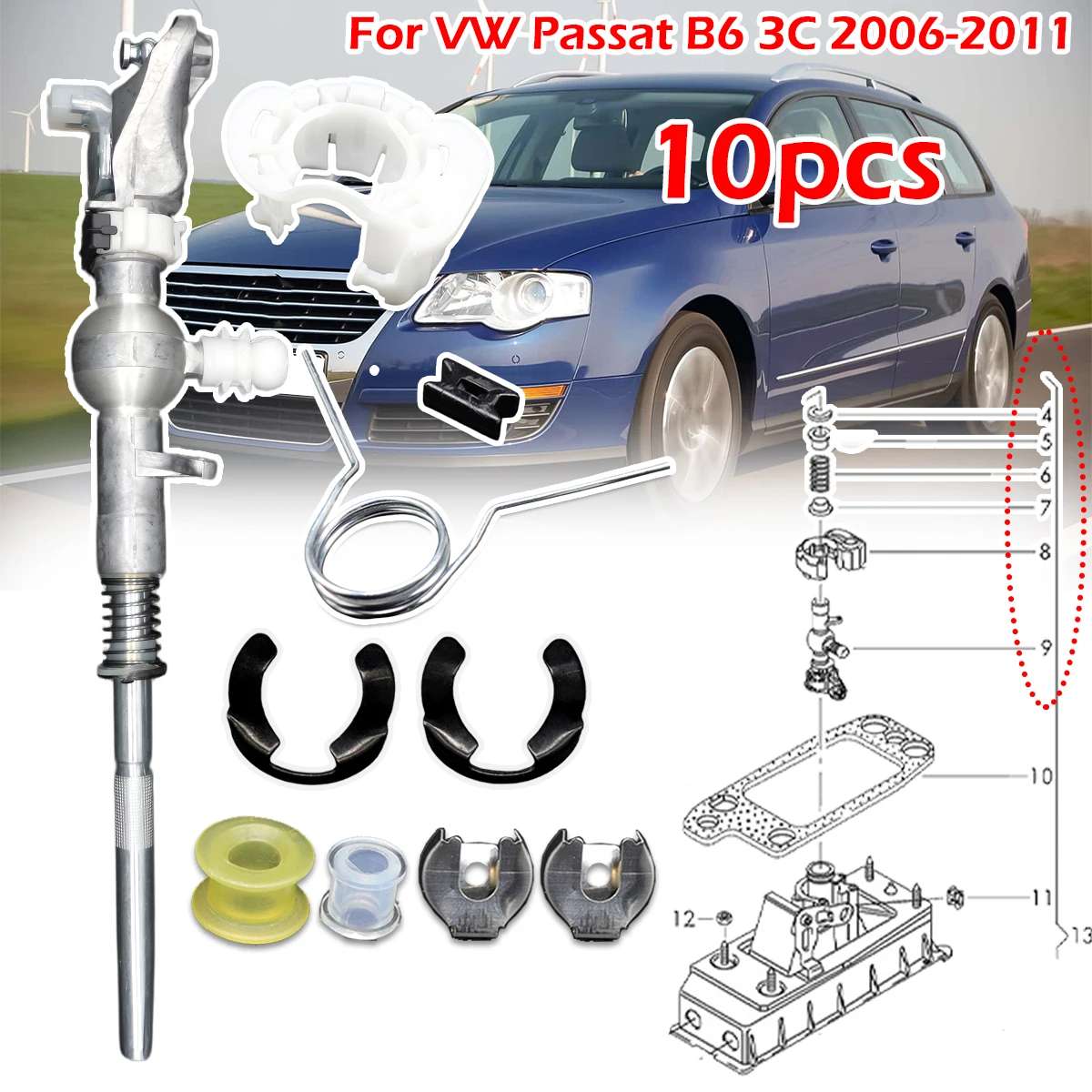 10pc/set New Gearbox Shift Lever Spring Bushing Cable Control Bushing Lock Washer Kit For VW Passat B6 3C 2006-2011 1K0711266R