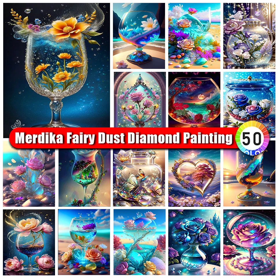 Merdika Fairy Dust Diamond Painting Cup 5D DIY Mosaic Landscape Planting Embroidery Cann Flower Picture Kits Home Decor Gift