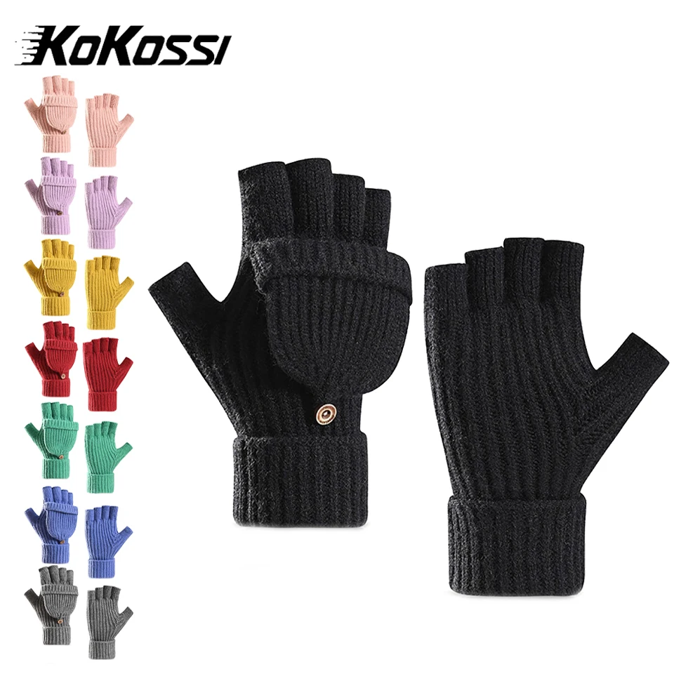 KoKossi Winter Knitted Gloves Warm Cold-resistant Foldable Half Finger Simple Versatile For Daily Use Outdoor Woolen Gloves
