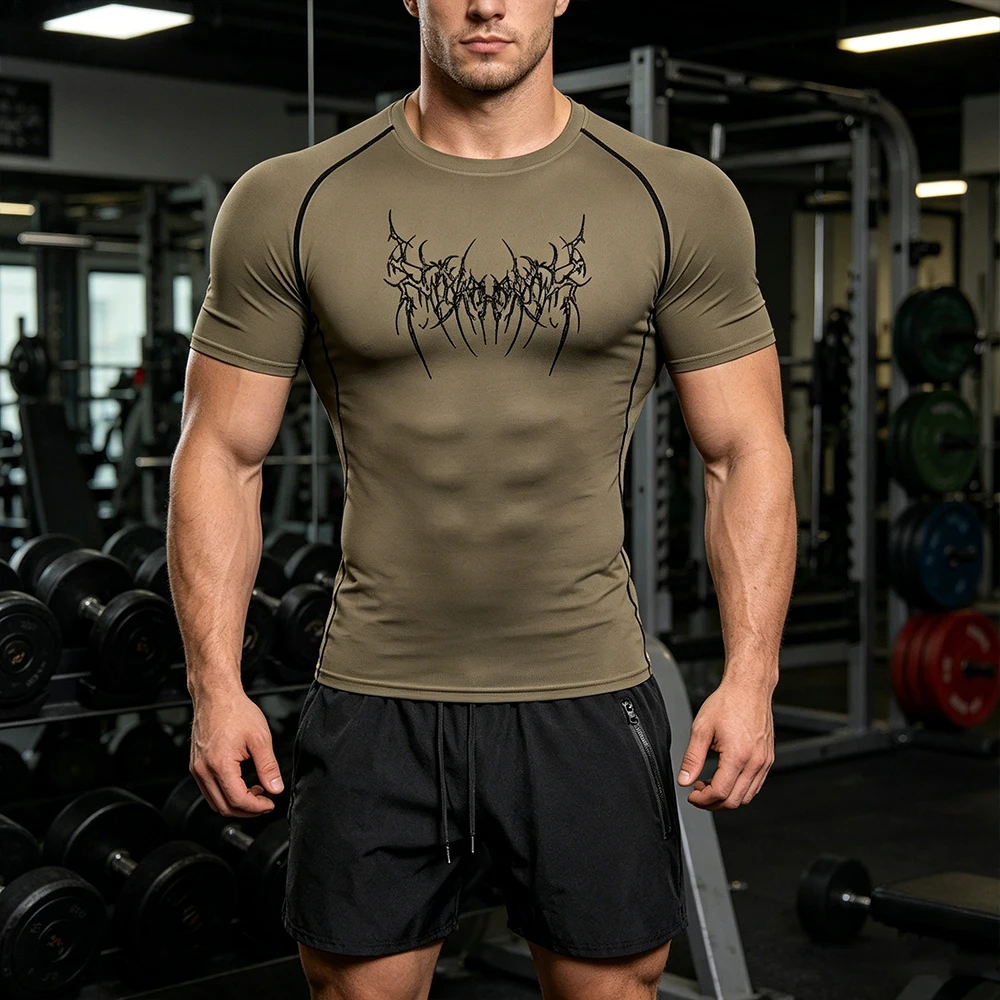 

Men 2 Piece Sportswear Set Thorn Symmetrical Wings Print Compression T-Shirt Quick Dry Shorts Fitness Running Workout Tracksuit