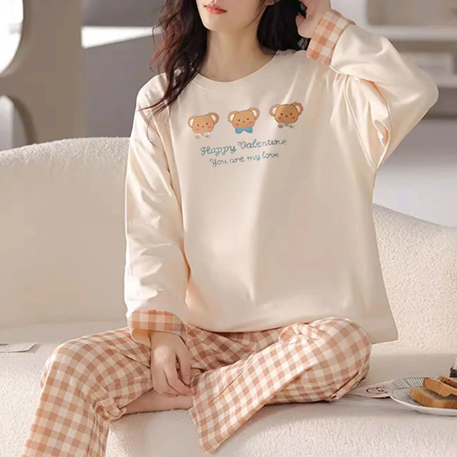 Cartoon Printed Women 2 Piece Pajamas Set 2024 Autumn Winter Casual T Shirt Top And Pant Set Sweet Girl Sleepwear Women Pajama