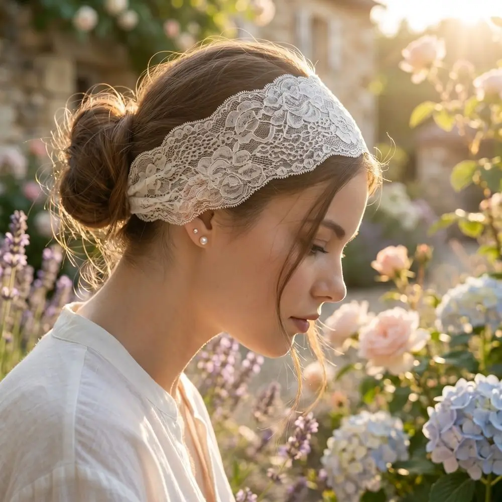 Fashion Adjustable Hollow Lace Headband Floral Flower Elastic Hair Band Supporter Gear Solid Color Wide Headband For Women image 3