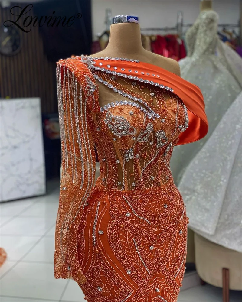 Robe De Soirée Orange One Shoulder Party Dresses For Weddings Tassel Crystals Shiny Sequined Evening Gown Arabic Celebrity Prom