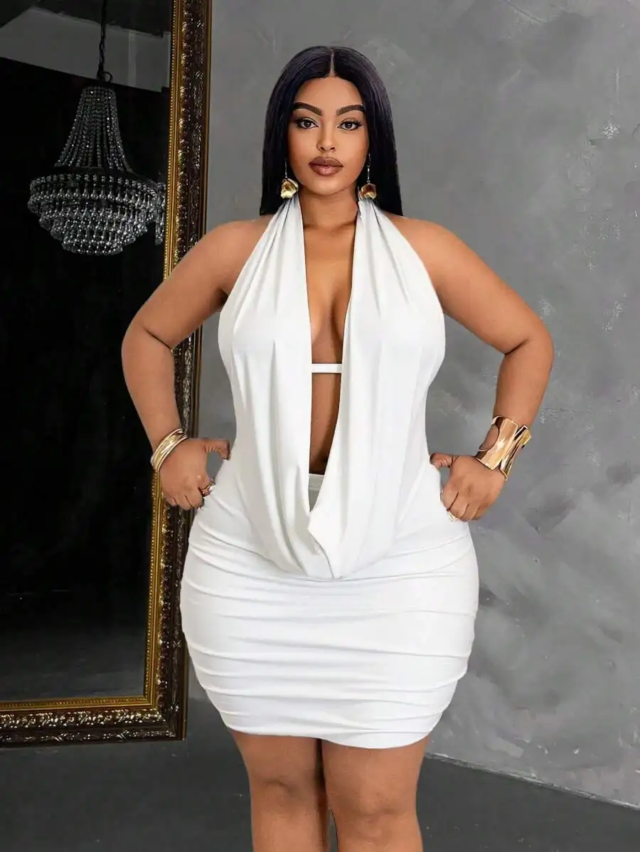 

White Plus Size Halter Neck Mini Dress with Draped Collar and Ruched Bodycon Fit