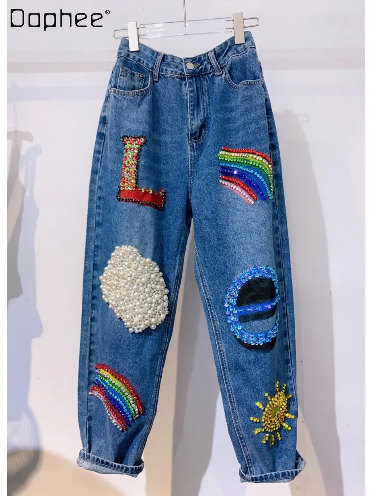

Boyfriend Handmade Beaded Rhinestone Blue Jeans for Women Streetwear 2023 New Women's Casual Baggy Rainbow Letters Denim Pants