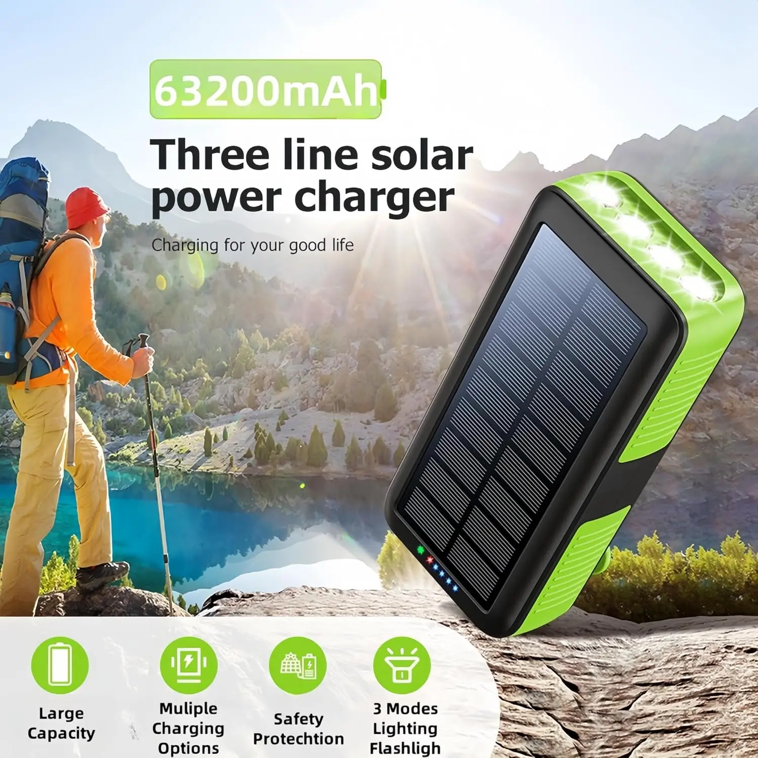 ar Power Bank Charger 63200Mah Hand Crank Fast Charging Power Bank Outputs Inputs Solar Portable Charger 4 Flashlights For