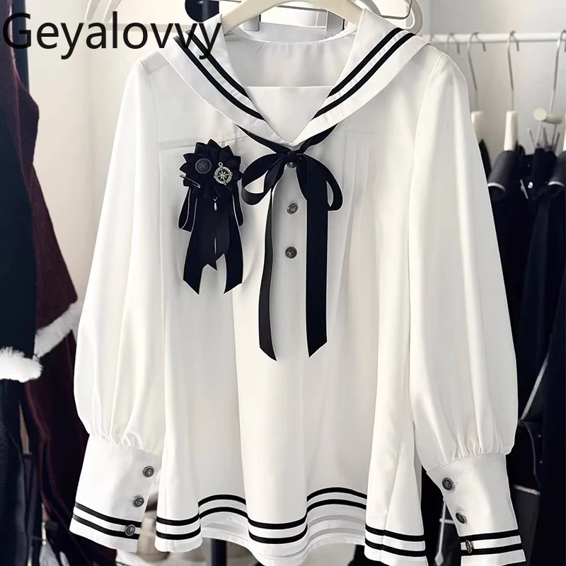 

Japanese Style Original Sweet Black White Gothic Sailor Uniform Set Long Sleeve/short Sleeve Top with Bow Tie and Shorts Outfits