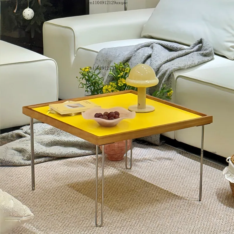 Bedroom Nordic Multi-Functional Coffee Table with Solid Wood Top and Stainless Steel Frame Space Saving Design for Living Room