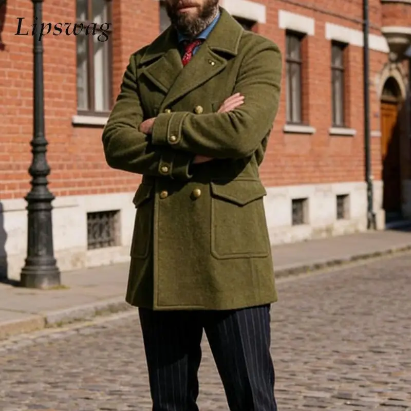 

Pea Coat Mens Classic Solid Color Double-breasted Turn-down Collar Woolen Outerwear Men Fall Winter Outdoor Casual Mid Overcoats