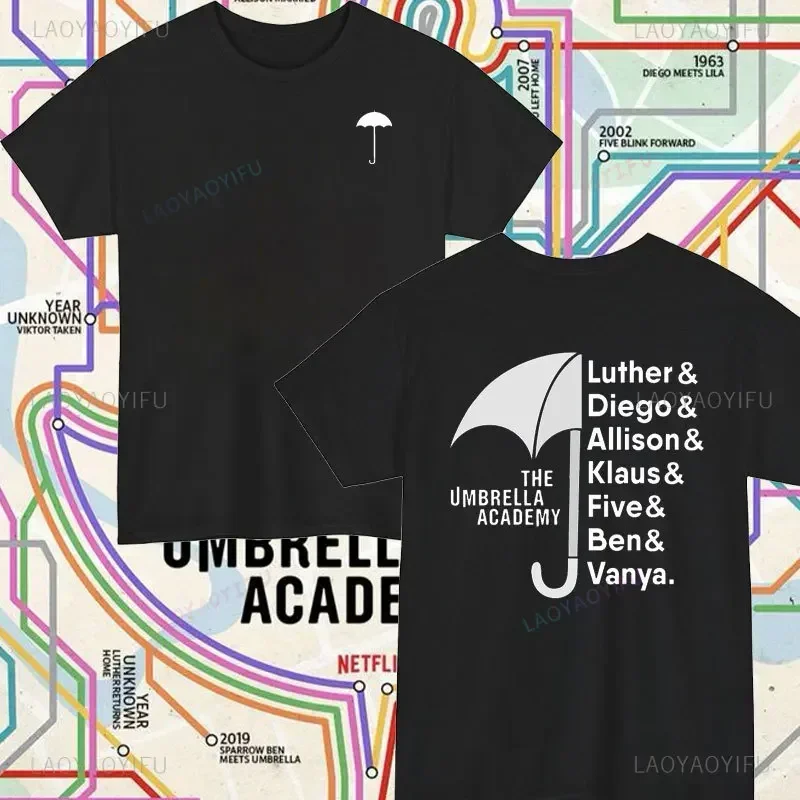 Camiseta Retro The Umbrella Academy de algodón con estampado de doble cara para hombre, camisetas clásicas de ocio, novedad, camisa holgada para mujer, Tops únicos
