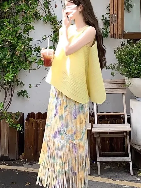 

Летний комплект Vaion Sle Asymmetrical ort Sve Vest с кисточками и отделкой юбки для миниатюрных женщин, круглые длинные брюки Faionable